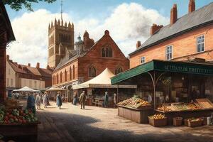 Picturesque countryside town, with red-brick buildings and a central square filled with bustling market stalls photo