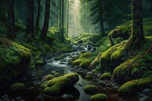 Serene and quiet forest scene, with towering trees, a babbling brook, and a soft carpet of green moss. photo