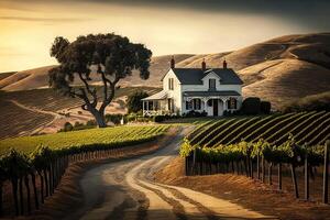 Picturesque vineyard, with rolling hills covered in grapevines and a quaint farmhouse at the top of the hill. photo