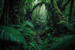 Dense rainforest with lush green foliage. photo