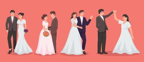 Set of Bride in white dress and Groom in suit. Couple wedding vector illustration