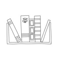 Vector line books stack on bookshelf. Outline doodle illustration isolated on white