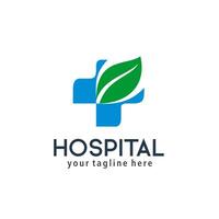 health logo design for hospital, clinic, pharmacy, or health products and business company, with decorative cross shape and leaf shape on top, green color vector