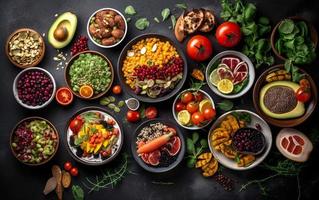 Healthy food clean eating selection on dark background. Balanced diet concept. Top view, flat lay photo