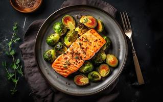 A la parrilla salmón filete con Bruselas coles y Tomates foto