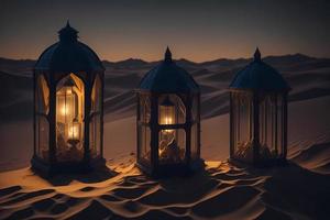 Photo arabic lantern with burning candle shining at night