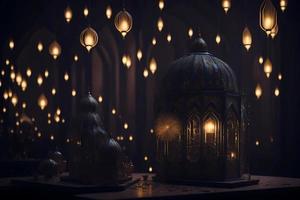 a lantern sitting on top of a table next to a lamp, a digital rendering photo