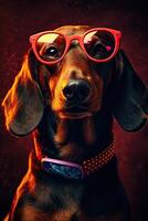 Portrait of a cute tan, smooth-haired dachshund dog with retro red glasses and a colored collar on black studio background. art. photo