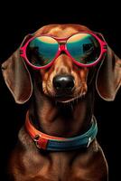 Portrait of a cute tan, smooth-haired dachshund dog with red sunglasses and a colored collar on black studio background. art. photo