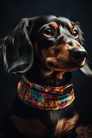 Portrait of a cute black and tan, long-haired dachshund dog with a bandana or scarf on black studio background. art. photo