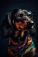 Portrait of a cute black and tan, long-haired dachshund dog with retro glasses and a bandana or scarf on black studio background. art. photo