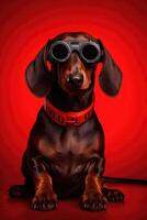 Portrait of a cute tan, smooth-haired dachshund dog with tech-retro sunglasses and a red collar on red studio background. art. photo