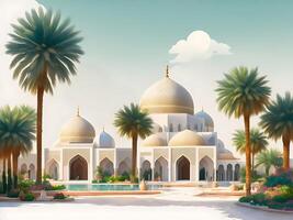 Charming muslim mosque situated on a Middle Eastern atmosphere, beautiful islamic ornament, with garden pond. photo