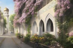 Charming and cozy muslim mosque street fantasy landscape with gold dome and flowers. photo