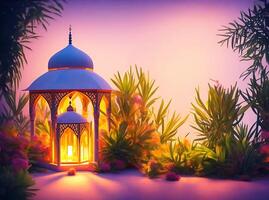 Beautiful islamic lantern with flowers and copy space, evening lighting. photo