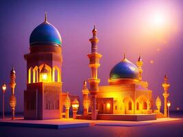 Cute muslim mosque with blue dome evening atmosphere. photo
