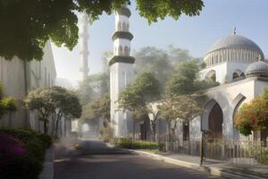 Beautiful and cozy white muslim mosque street fantasy landscape. photo