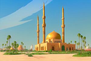 Cozy muslim mosque painting with gold dome situated on Middle Eastern atmosphere, surrounded by date palms. photo