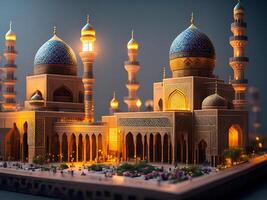 Amazing muslim mosque with traditional Islamic geometric patterns in the evening. photo