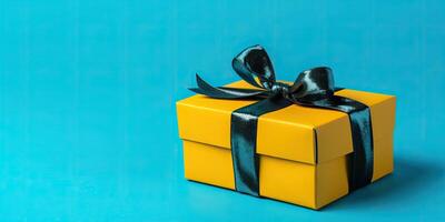 Colorful wrapped gift on a solid color background, with copy space, photo