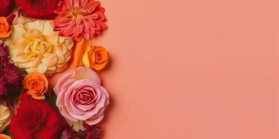 Flower setup on a solid background, with copy space, photo