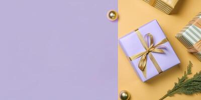 Colorful wrapped gift on a solid color background, with copy space, photo