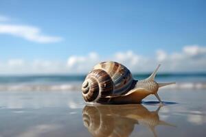 mar caracol en tropical mar y arenoso playa azul cielo antecedentes. creado generativo ai foto