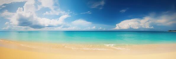 panorama tropical mar y arenoso playa con azul cielo antecedentes. generativo ai foto