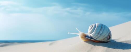 Sea Snail banner on tropical sea, sandy beach and blue sky background. photo