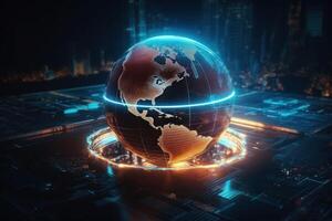 Futuristic cyber earth background, Digital world and Global network connection. photo