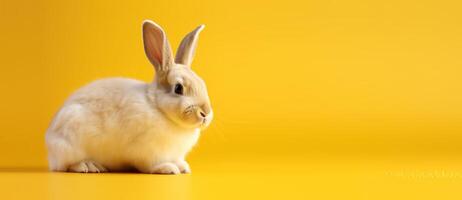 Cute Rabbit isolated on yellow background, Banner with copy space. photo