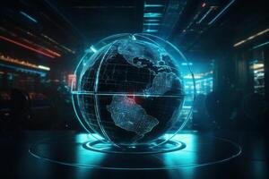 Futuristic cyber earth background, Digital world and Global network connection. photo