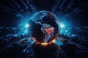 Futuristic cyber earth background, Digital world and Global network connection. photo