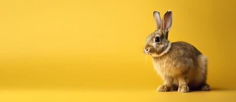 Cute Rabbit isolated on yellow background, Banner with copy space. photo