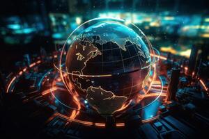 Futuristic cyber earth background, Digital world and Global network connection. photo