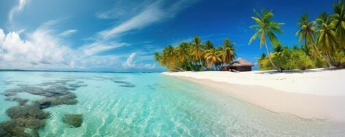 panorama tropical mar y arenoso playa con azul cielo antecedentes. generativo ai foto