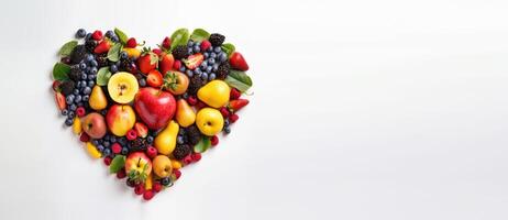 varios frutas en el corazón forma, sano Fresco frutas antecedentes. generativo ai foto