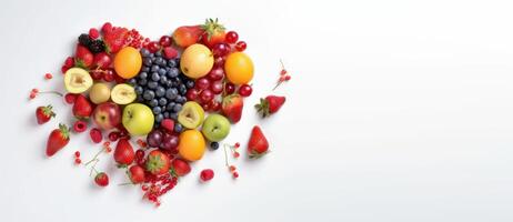 varios frutas en el corazón forma, sano Fresco frutas antecedentes. generativo ai foto