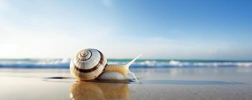 Sea Snail banner on tropical sea, sandy beach and blue sky background. Generative Ai photo