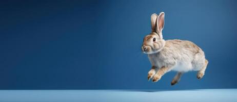 Cute Rabbit isolated on blue background, Banner with copy space. Created photo