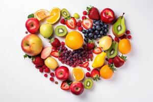 Various Fruits in the heart shape, Healthy fresh fruits background. photo