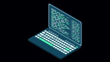 Isometric laptop with coding. Cyber security and data protection. Laptop with programming code. Laptop screen. Transparent background with alpha channel video