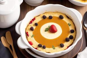 French cuisine. Cottage cheese tart with thyme in a white ceramic baking dish.Creamy soup. Creamy pumpkin pie. photo