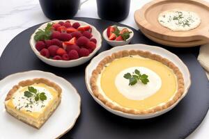 French cuisine. Cottage cheese tart with thyme in a white ceramic baking dish.Creamy soup. Creamy pumpkin pie. photo