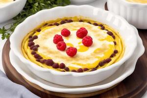 French cuisine. Cottage cheese tart with thyme in a white ceramic baking dish.Creamy soup. Creamy pumpkin pie. photo