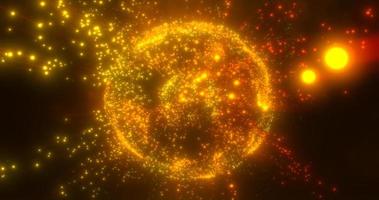 Abstract round yellow orange sphere light bright glowing from energy rays and magic waves from particles and dots, abstract background photo