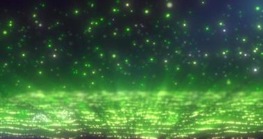 Abstract background of green glowing falling particles and moving magical energy waves photo