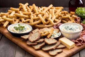 German cuisine. Austrian cuisine. Different types of food in bowls on a dark background. Pretzels with gorgonzola cheese and crackers . photo