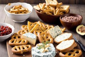 German cuisine. Austrian cuisine. Different types of food in bowls on a dark background. Pretzels with gorgonzola cheese and crackers . photo