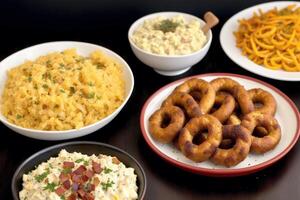 German cuisine. Austrian cuisine. Different types of food in bowls on a dark background. Pretzels with gorgonzola cheese and crackers . photo